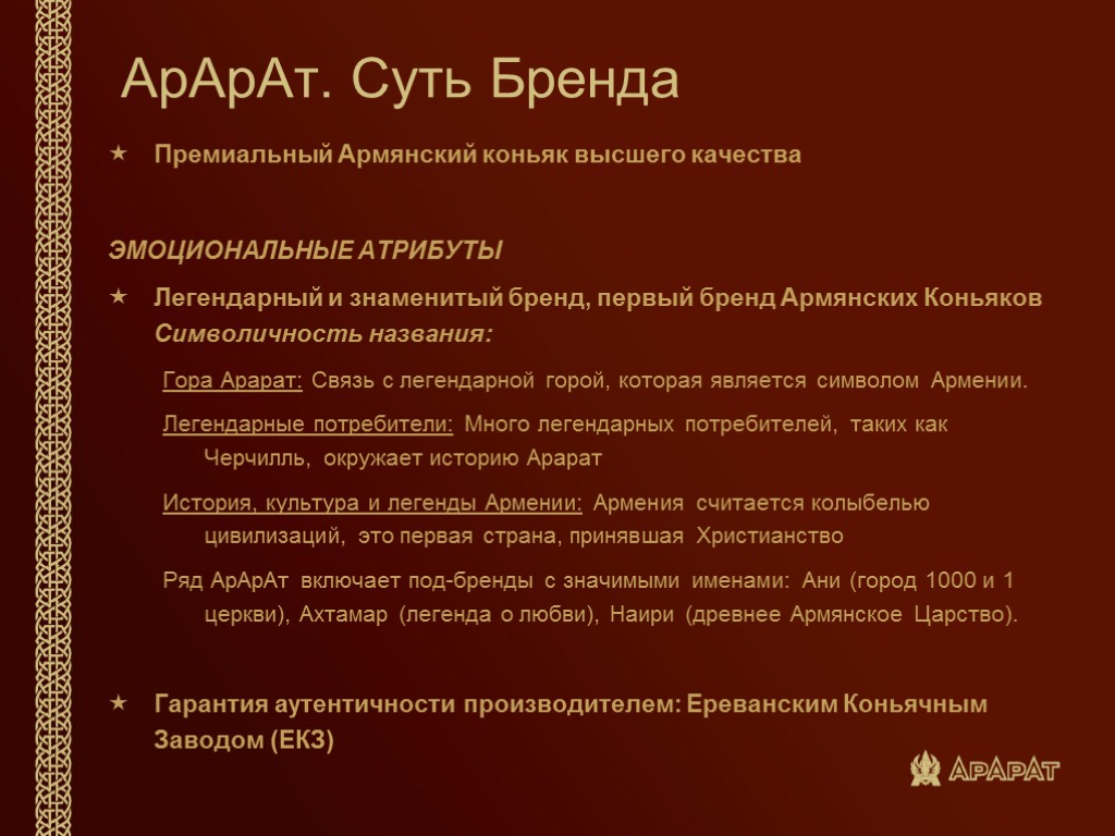 АрАрАт. Суть Бренда Премиальный Армянский коньяк высшего качества ЭМОЦИОНАЛЬНЫЕ АТРИБУТЫ Легендарный и знаменитый бренд,